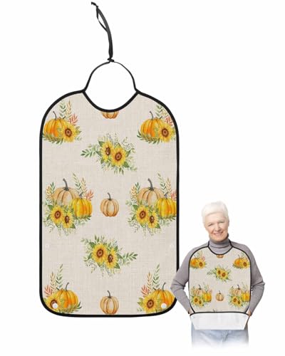 LEOKOTI Fall Pumpkins Adult Bibs for Eating, Waterproof Bibs with Food Catcher & Adjustable Snap Closure, Thanksgiving Botanical Sunflowers Rustic Washable Clothing Protectors Adult Bibs for Elderly