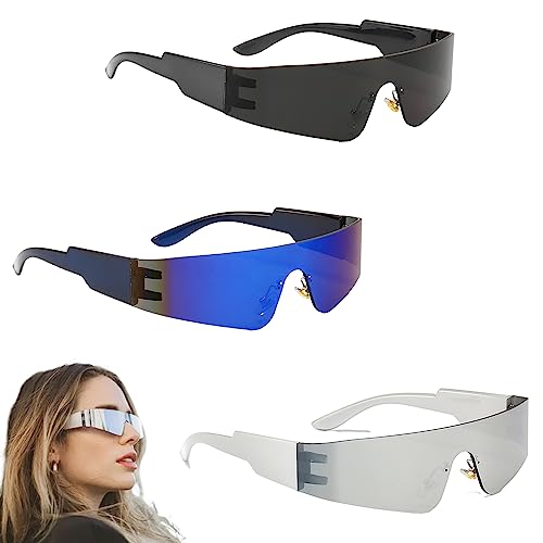 Vueinrg 3 Stück Rave Brille Schnelle Brille Futuristische Sonnenbrille Alien Brille Rahmenlos Space Sonnenbrille Zyklop Funbrille Set für Herren Damen Rollenspiel Halloween Cosplay Faschingsparty