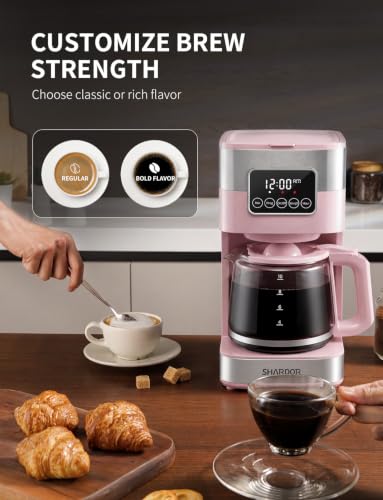 Image of SHARDOR 10-Cup Programmable Coffee Maker, Regular & Strong Brew Drip Coffee Machine for Home and Office, Auto Shut Off, Permanent Filter (pink)