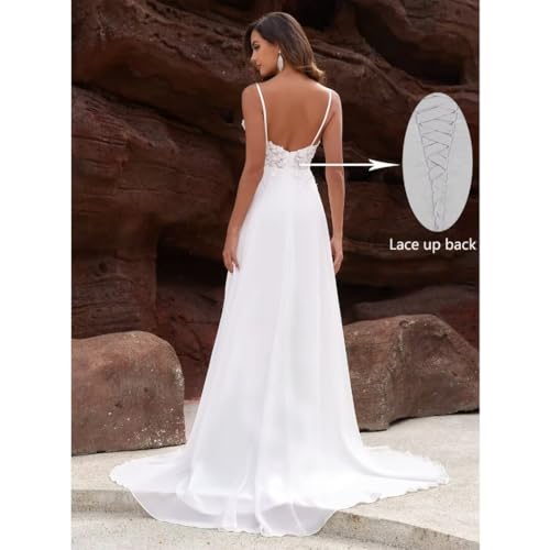 Chiffon Wedding Dresses for Bride Lace Appliques V Neck Long Beach Spaghetti Straps Simple Bridal Gown with Slit2