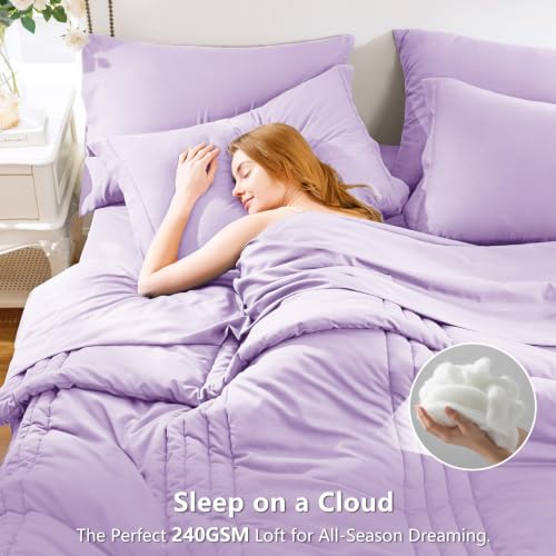 Image of CozyLux King Size Comforter Set Lavender - 7 Pieces Bed in a Bag, Modern Vertical Quilted Room Decor, Soft All-Season Bedding Gift with Comforter, Sheets, Pillowcases & Shams