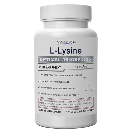 Superior Labs L-Lysine 500 mg Capsules, Pure Non-GMO, Third-Party Tested, No Fillers, Gluten Free, Supports Immune System, Promotes Calcium Absorption, 120 Caps