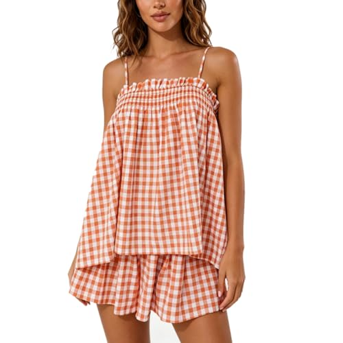 Image of Yuemengxuan Women 2 Piece Casual Lounge Set Sleeveless Strappy Tie Back Cami Top Wide Leg Shorts 2Pcs Summer Pj Set Beachwear