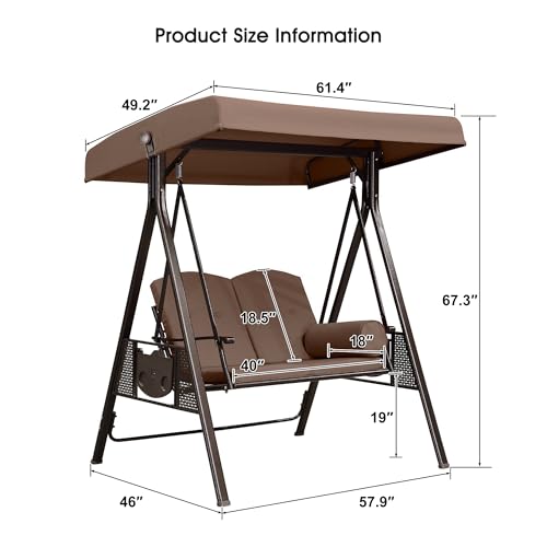 Image of PURPLE LEAF 2-Seat Deluxe Outdoor Patio Porch Swing with Weather Resistant Steel Frame, Adjustable Tilt Canopy, Cushions and Pillow Included, Beige
