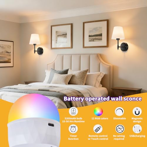 Image of Battery Operated Wall Sconces Set of Two, Rechargeable Wireless Wall Lights with RGB Dimmable Magnetic Bulb and Remote,15 Colors Options Wireless Wall Lamps for Bedroom Living Room Hallway -black