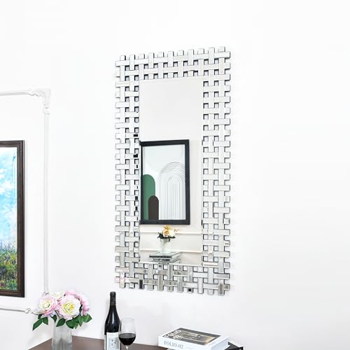 KOHROS Wall Mirror Decorative 48"x24" Silver Frameless Fence Mesh Border