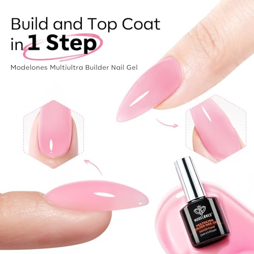 Image of modelones Multiultra Builder Nail Gel, No Top Coat Needed Builder for Nails Pink, C-Curve Sculpting, Glossy Jelly Finish, No-Wipe, 9-in-One LED Lamp Cured Color Rubber Base Gel Polish for Quick DIY