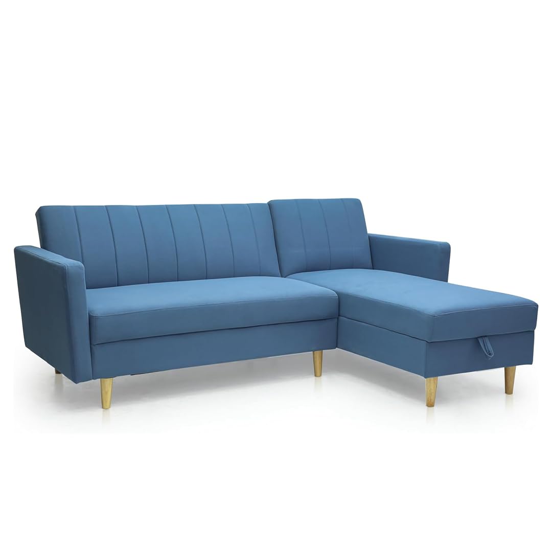 Multi Home Furniture Blue L Shape Sofa Cum Bed with Storage – Folding 3 Seater Sofa Bed with Golden Wooden Legs – Convertible Sofa Come Bed for Living Room & Small Apartment Spaces
