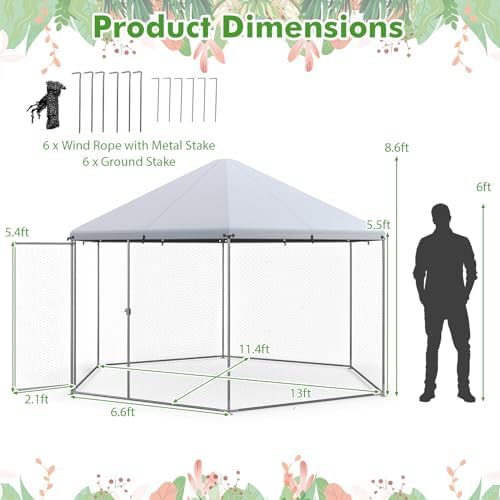 Giantex Large Metal Chicken Run, 13ft Hexagon Walk-in Chicken Coop with Waterproof Cover, Heavy Duty Steel Frame, 12 Stakes, Outdoor Poultry Cage House Chicken Pen Hen Duck Habitat for Farm Yard