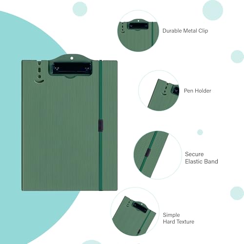 Image of oddpod Vertical A4 Plastic Clipboard with Elastic Strap /Multi-Function Document Paper Storage File Folder with Outer Cover for Students & Professionals - Patina Green