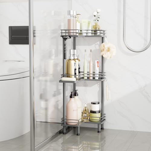 Image of Consumest Corner Shower Caddy Standing - 3-Tier Stainless Steel Shower Organizer with Soap Holder and 4 Hooks, Large Capacity Corner Shelf Stand for Bathroom, Rest Room, Grey