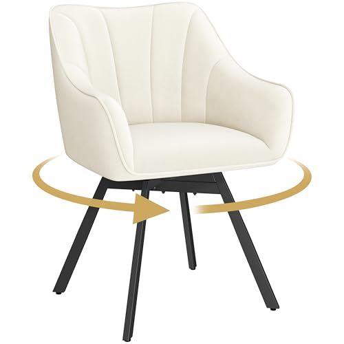 Yaheetech Chaise de Salle à Manger Rotative avec Dossier et Accoudoirs Chaise de Cuisine Roulante Assise en Velours et Pieds en Métal Beige