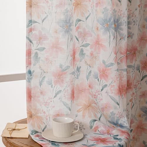 Image of SUOUO Vintage Watercolor Floral Semi Sheer Curtains 96 Inches 2 Panels