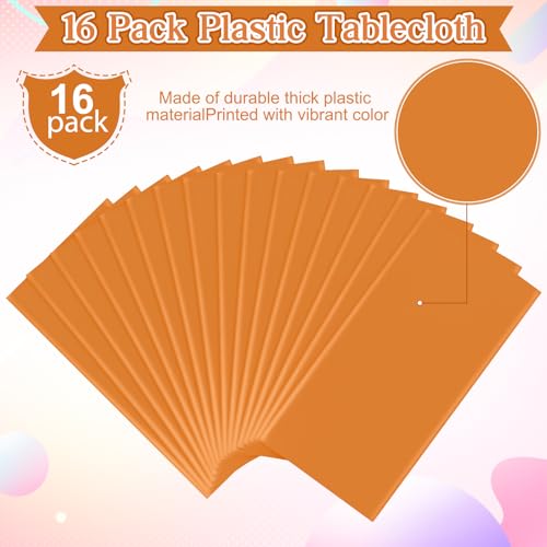 Image of 16 Pack Orange Plastic Tablecloth for Rectangle Tables, Premium Decorative Orange Disposable Table Cloths for Parties, Rectangle Party Table Cover for Birthday Fall Thanksgiving Graduation, 54x108Inch