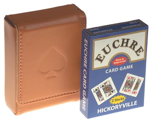 Hickoryville Euchre Playing Cards - 2 Euchre Decks in 1 Box Bundled with Tan Leather Storage Case