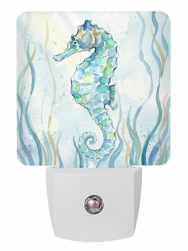 Image of Green Coastal Night Light Plug in LED Teal Coral Seahorse Ocean Marin Life Automatic Sensor Night Lamps Square Night-Light Plug into Wall for Bedroom Bathroom Kitchen Hallway Decor