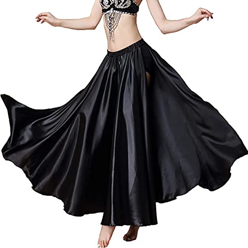 Leemiman Women Belly Dance Skirt Two Side Split Satin Tribal Skirt Long Practice Skirts Black