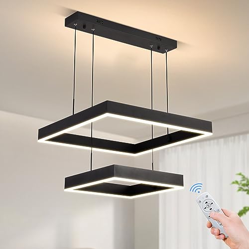 Modern LED Chandelier, 3 Ring Dimmable Square Chandelier for Living Dining Room,Bedroom,Foyer Chandelier Lighting Fixture, High Ceiling Hanging Living Room LED Pendant Ceiling Light Fixture（Black）
