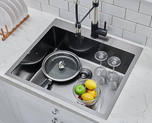 Image of SHACO 25x22 Black Drop In Kitchen Sink, 25 Inch Gunmetal Black Topmount Single Bowl 16 Gauge Stainless Steel Sink for Bar Prep RV Laundry Utility Small Kitchen