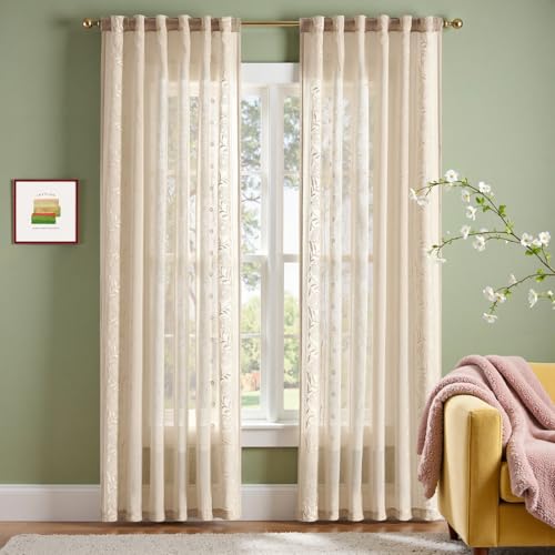 jinchan Winslow Beige Sheer Curtains 84 Inch for Bedroom Living