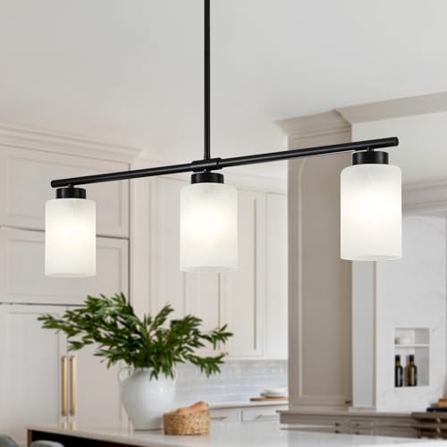 31" Kitchen Island Lighting 3 Light Black Pendant Light for Kitchen Island with Milk Glass Shade Modern Linear Chandelier Adjustable Hanging Farmhouse Light Fixtures Over Dining Table Living Room，E26