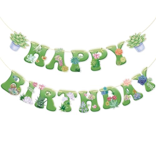 Firefairy Succulent Plants Birthday Banner - Spring Party Decor, Green Plant Decor