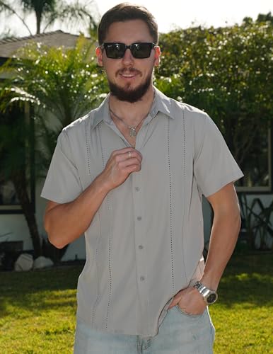 Image of COOFANDY Mens Cuban Guayabera Shirt Short Sleeve Button Down Shirts Summer Beach Vacation Shirts