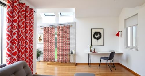 Image of Woah Geometric Pattern Grommet Curtains, 7 Feet for Living Room Bedroom|Geometric Pattern Faux Silk Room Darkening Door Curtains 4x7 feet (Red, Set of 1)
