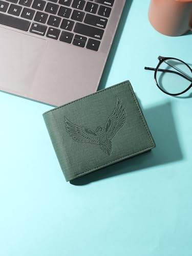 Image of SAMTROH Vegan Leather Wallet for Men | Vintage Printed | Premium Vegan Leather Craftsmanship | 3 Card Slots I 2 Cash Compartments & Secret Slots | 1 Coin Pocket. (Eagle, Green)