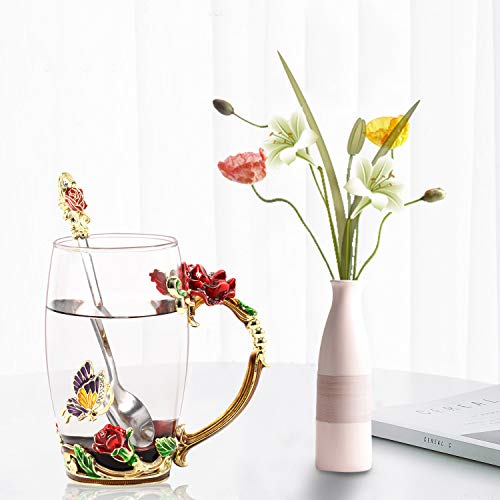 Butterfly Glass Tea Cup Handmade Flower Enamel Mug With Spoon Set And High-End Gift Box Unique Gifts For Wedding Anniversary,Birthday,Christmas Red Rose Mug(12Oz) #TOP4