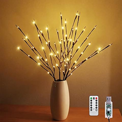 4 Pack Branch Lights with Timer, USB & Battery Powered, 29.5 Inches 80 LED Willow Tree Twig 8 Mode Remote Branch Lights for Home Decoration-Warm White Cover