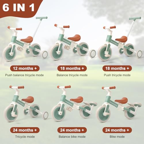 6 in 1 Toddler Tricycle with Push Handle Kids Tricycle for 2-5 Year Olds Toddler Bike for 1 Year Trikes for Kids 1-3 with Removable Pedal Adjustable Seat Birthday Gift Trike 1 to 3 Tricycle Green