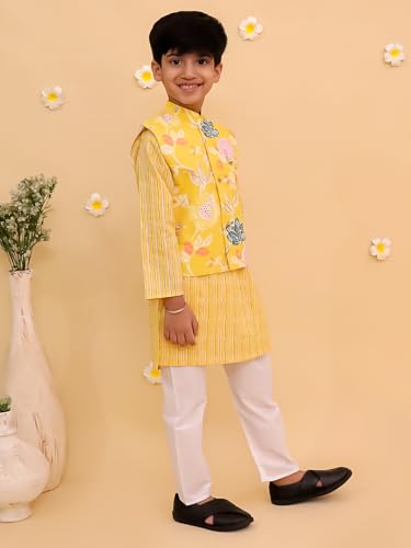 Image of The Mom Store Boys Printed Cotton Kurta Pajama Set With Jacket | Soft And Comfortable Ethnic Wear For Baby /Kids Boys | Full Sleeves Kurta Pyjama Set | Traditional Indian Outfit