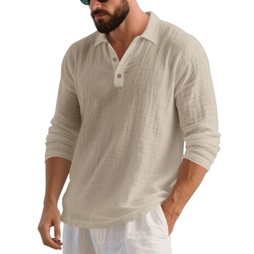 Mens Linen Polo Shirts Long Sleeve Hippie Casual Beach T-Shirts