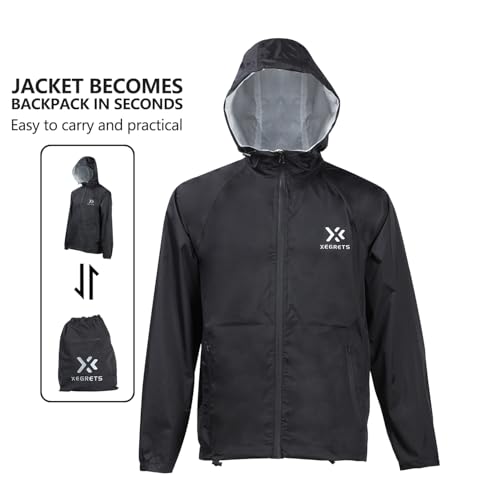Men's backpack jacket Packable Waterproof Lightweight Raincoat Windbreaker Running Cycling Hiking Golf Travel BLACK2