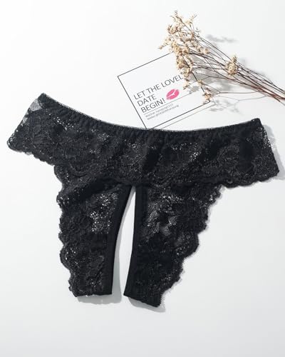 Image of Women Sexy Panties Plus Size Underwear Lace Thongs | Floral Lace and Mesh Stitching Low Rise G-String Cheeky Underpants