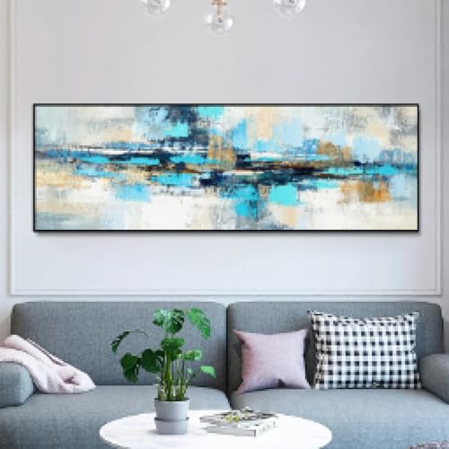 Peinture à l'huile abstraite bleue moderne sur toile, affiche art mural salon 50x150 cm