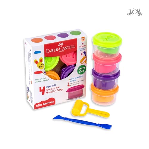 Image of Faber-Castell Neon Glitter Modelling Dough - Pack of 4 Neon Colours | Soft, Non-Sticky, Child-Safe Clay with Glitter | Ideal for Creative Play & DIY Projects
