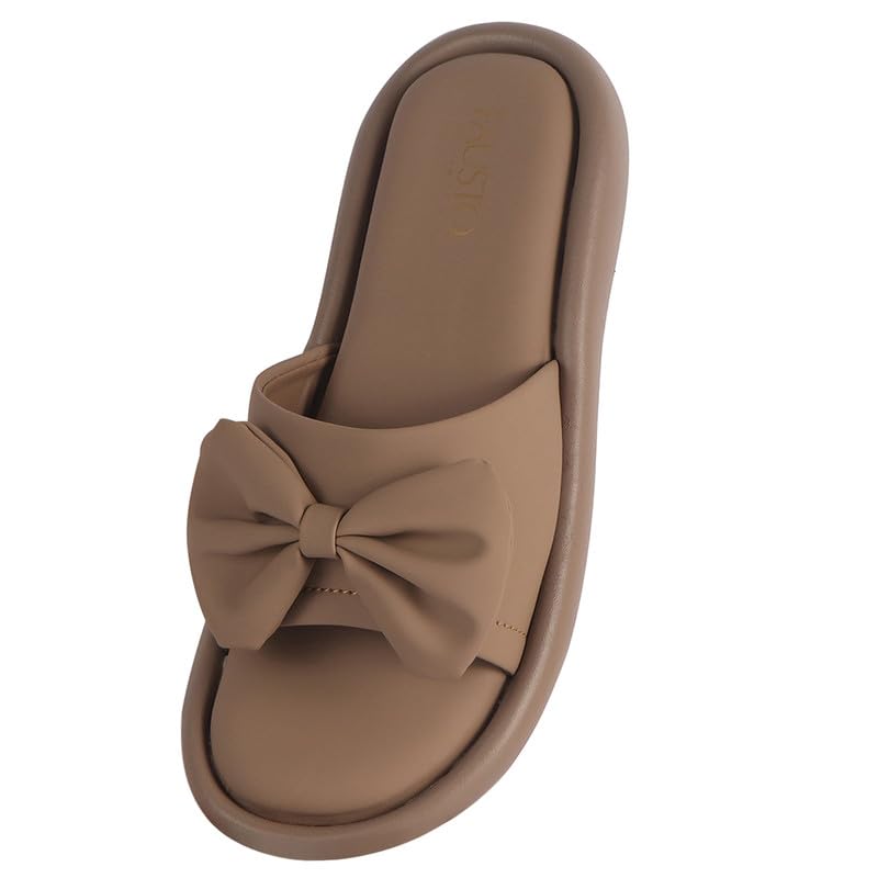 Image of FAUSTO Women Open Toe Bow Design Slip On Sliders | Extra Comfort Cushioned Insole Slippers | Classic Flat Sandals for All Day Long