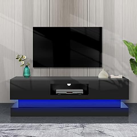 ATGHYURT LED TV Stand for 55 inch TV,Modern Entertainment Center with LED Lights and Glossy Cabinets, Wood Reversible Media Console with 2 Drawers,Fully Assembled for Living Room, Bedroom Cover