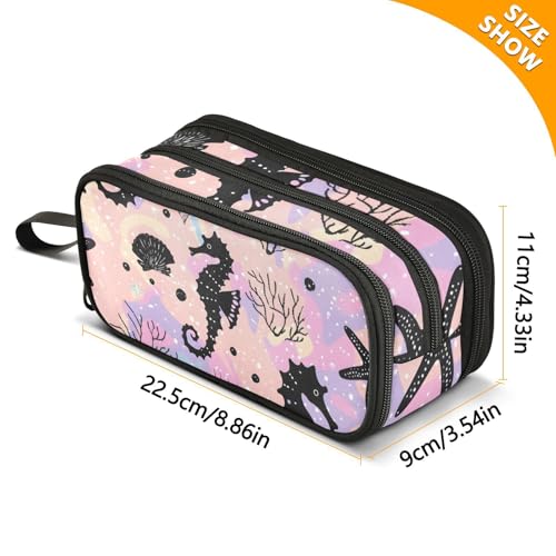 Image of ALAZA Seahorse Star Coral Seashells Pencil Case for Boys Girls Kids Pencil Pouch 3 Compartment Pen Bag Large Capacity Storage Pencil Holder School Students with Zipper