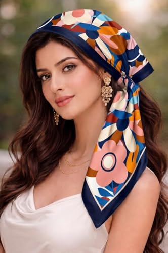 Image of Silk Like Head Scarf for Women Stylish Bandanas for Women Vintage Hair Scarf Wrap and Sleeping, Boho Floral Print Square Bandana Gift
