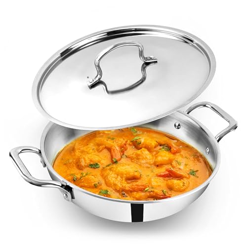 The Indus Valley Triply Stainless Steel Kadai/Kadhai with Steel Lid | 22cm/8.6 inch, 2.3Ltr, 1.40kg | Induction Friendly | Nonstick 3-Layer Body, 100%