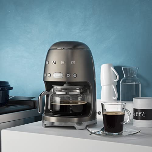 Image of Smeg 50's Retro Style Aesthetic Drip Coffee Machine with 10 Cup Glass Carafe, Auto Start Feature, Keep Warm Plate, and Two Coffee Strength Settings (Brushed Stainless Steel)