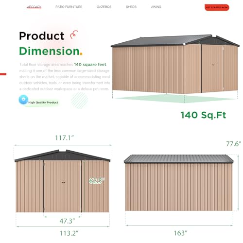 AECOJOY 10' x 14' Shed Metal, Outdoor Storage Sheds & Outdoor Storage 10' x 14' with Lockable Doors, Large Steel Yard Shed, Utility and Tool Storage for Garden, Backyard, Patio, Outside use in Grey
