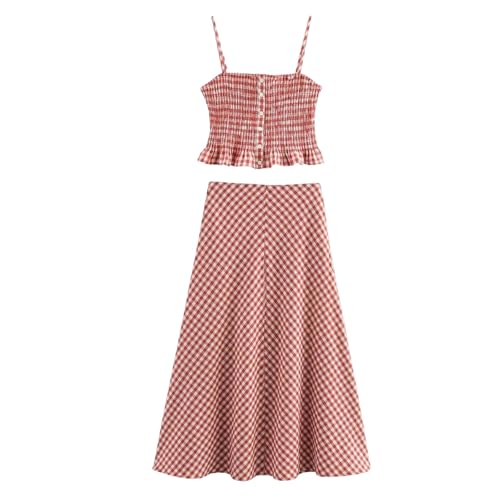 Women Plaid Top and Midi Skirt Set Casual Outfit Spring