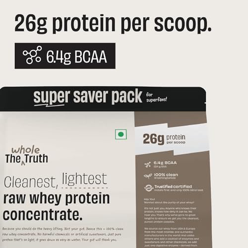 Image of The Whole Truth Whey Protein Concentrate Unflavoured | 2 kg (4.4 lbs) | 26g Protein per scoop | 6.4g BCAA | No Adulteration | Clean and Light | Muscle Building | Vegetarian
