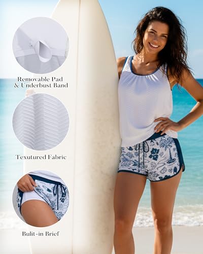 Image of Aidonger Women's Tankini Swimsuit Modest Two Piece Bathing Suit Tummy Control Athletic Blouson Tank Top with Short Bottoms