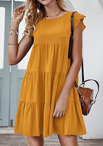 Image of KIRUNDO Summer Dresses for Women Sundress Sleeveless Ruffle Sleeve Round Neck Loose Short Flowy Pleated Mini Babydoll Dress