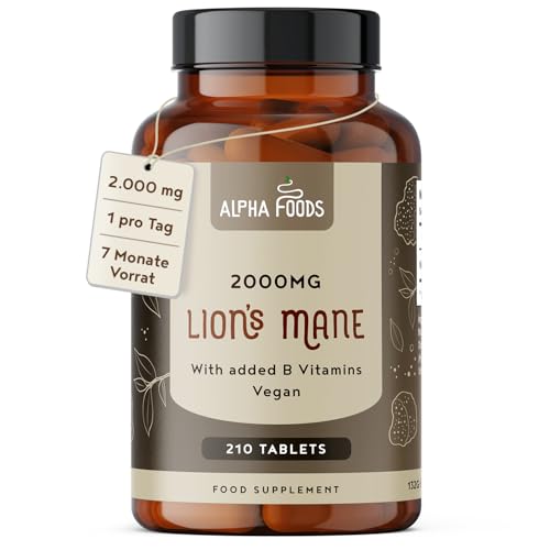 Alpha Foods Lions Mane Hochdosiert (Löwenmähne Pilz Komplex), 2000mg Tagesdosis, 210 Tabletten (1 Tablette pro Tag), Hericium Erinaceus 12:1 Extrakt, mit schwarzem Pfeffer und Vitamin B1 B2 B3 B5 B6